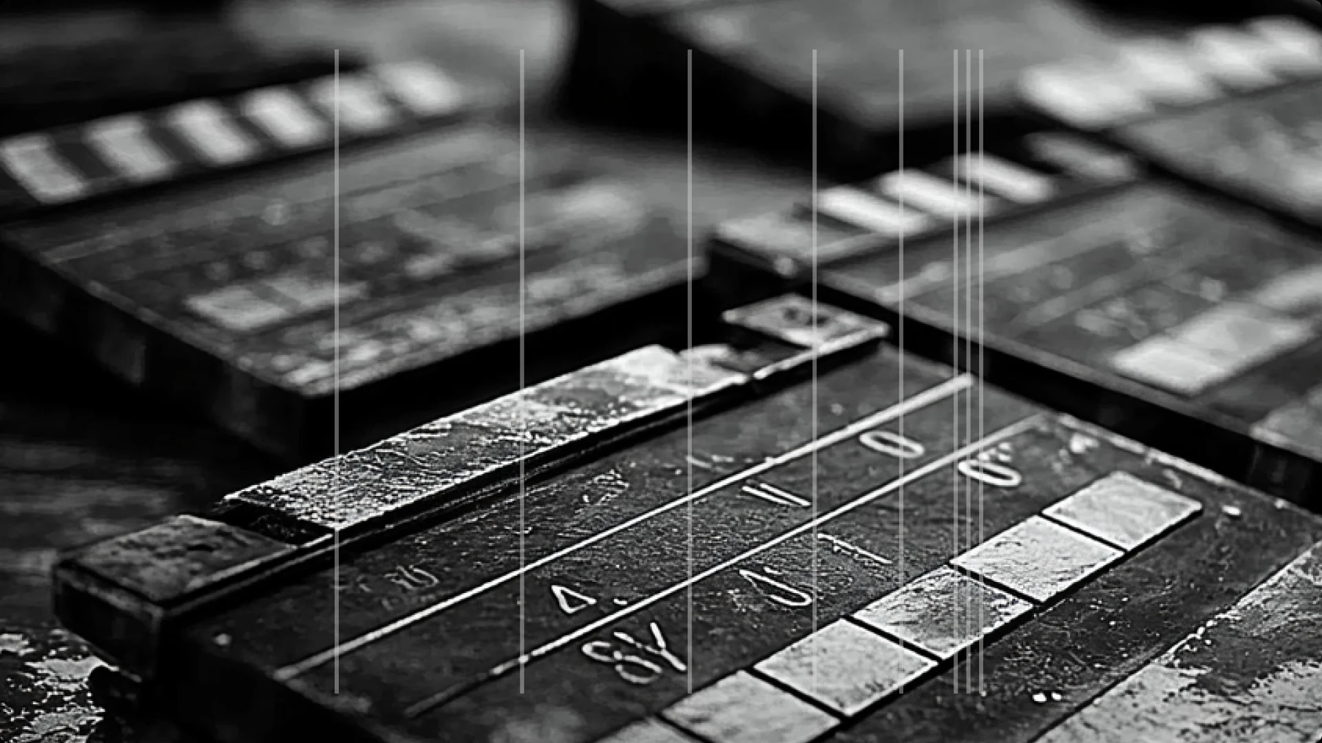 Close-up of a weathered film slate with visible scratches and markings.