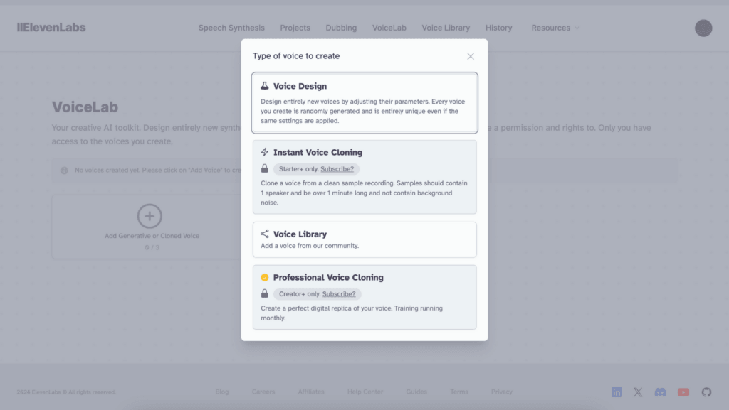 Popup menu showing options for creating or cloning voices, including Voice Design, Instant Voice Cloning, Voice Library, and Professional Voice Cloning.