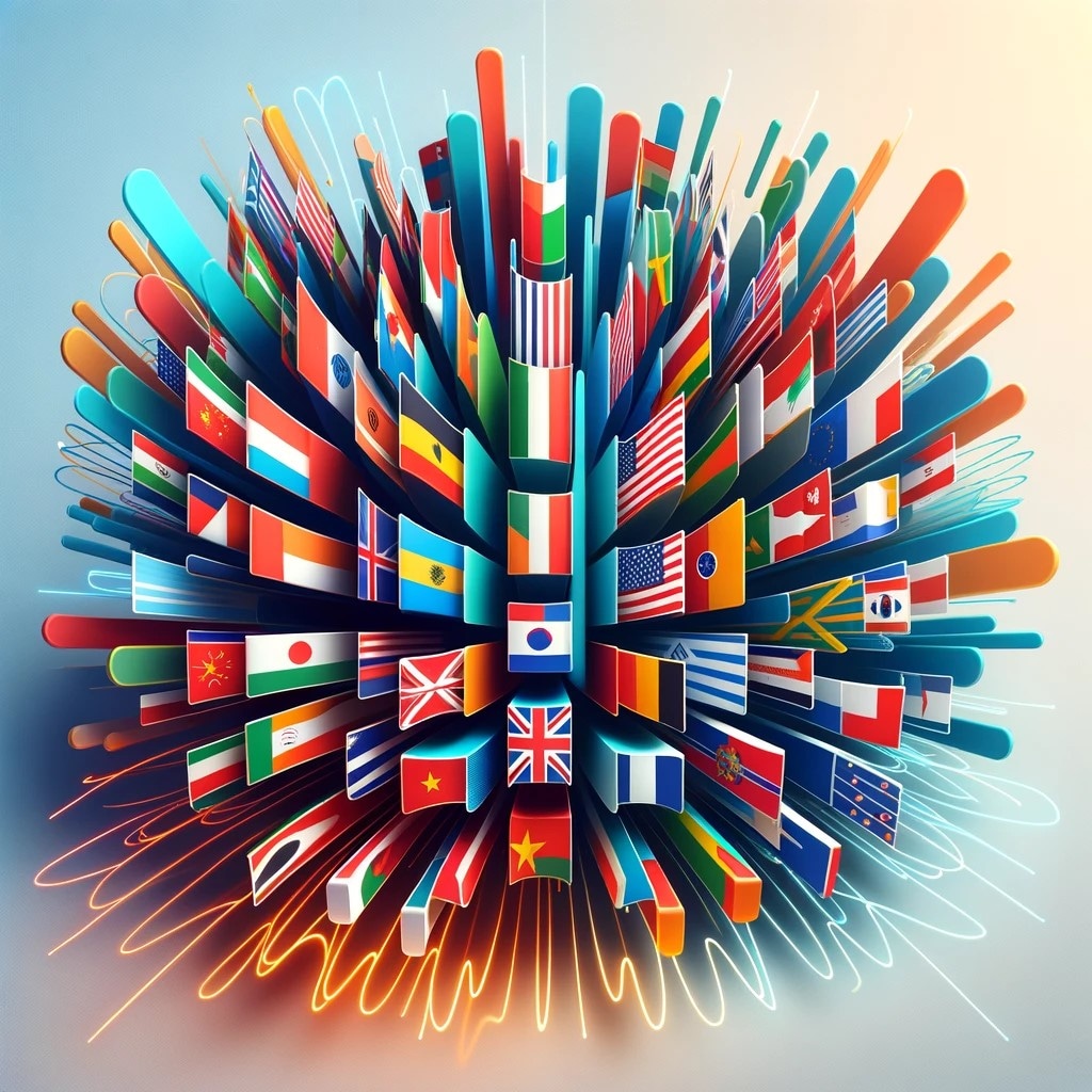 A digital illustration of a globe made up of various international flags arranged in a spherical shape with light trails around it.