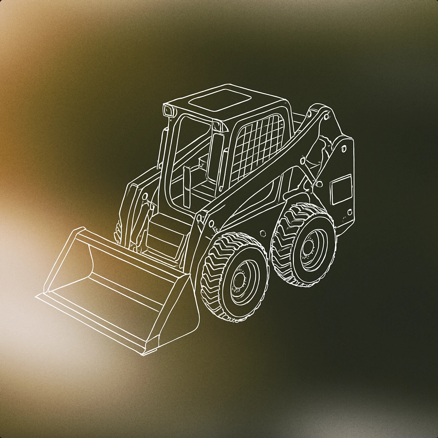 Cover of a compact construction vehicle with a front loader bucket, shown from a three-quarters angle to highlight its distinctive shape and functionality for Skid Steer sound effects