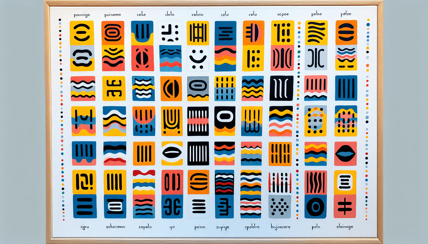 Abstract geometric pattern with colorful shapes and symbols arranged in a grid, framed in wood.