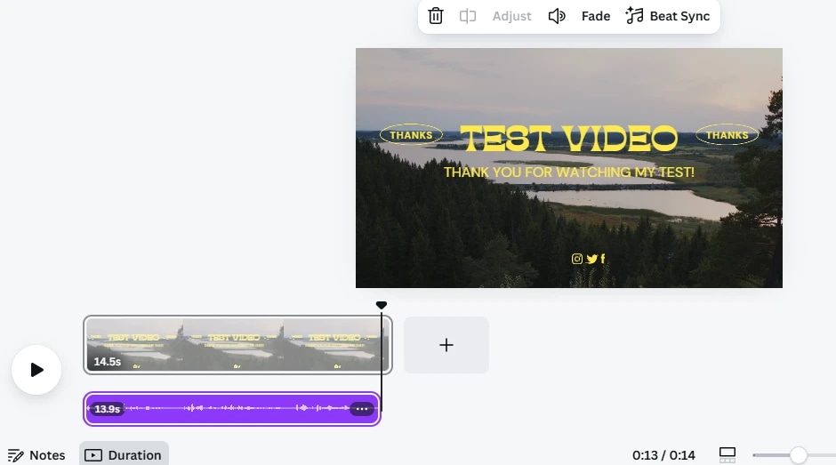 Test video thumbnail with overlay text: "Thanks" and "Test Video" on a nature background.