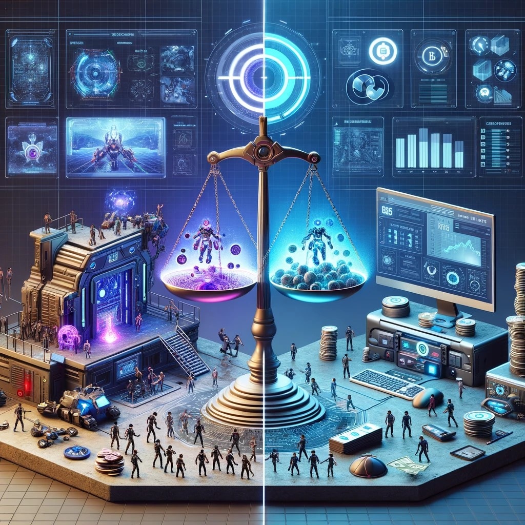 A digital illustration of a futuristic scene with a balance scale, miniature figures, high-tech screens, and holographic displays related to technology and data analysis.