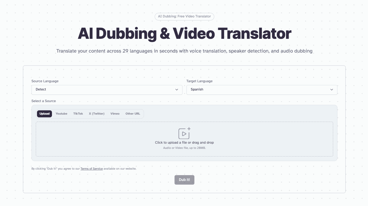 AI dubbing and video translation platform interface with options to upload videos and select languages.