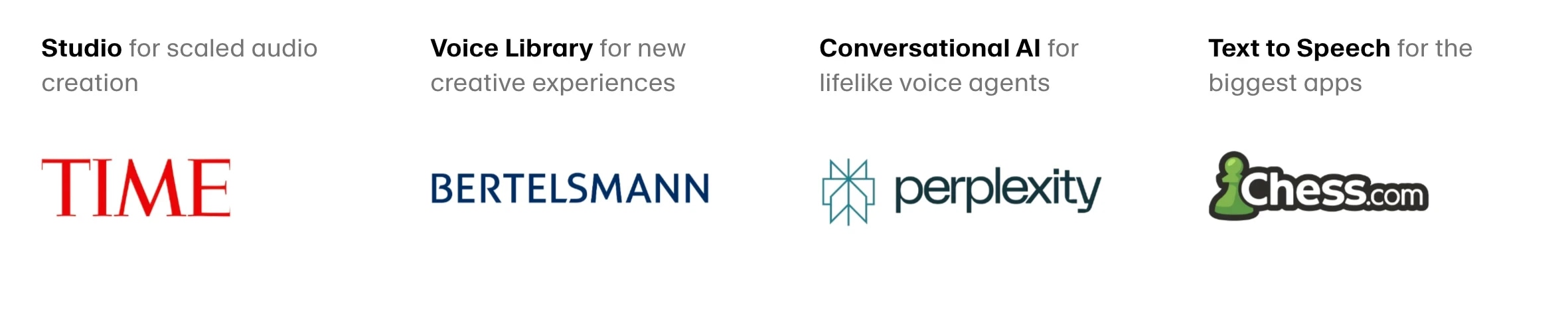 Logos of TIME, Bertelsmann, Perplexity, and Chess.com with descriptions of their respective AI and audio creation tools.