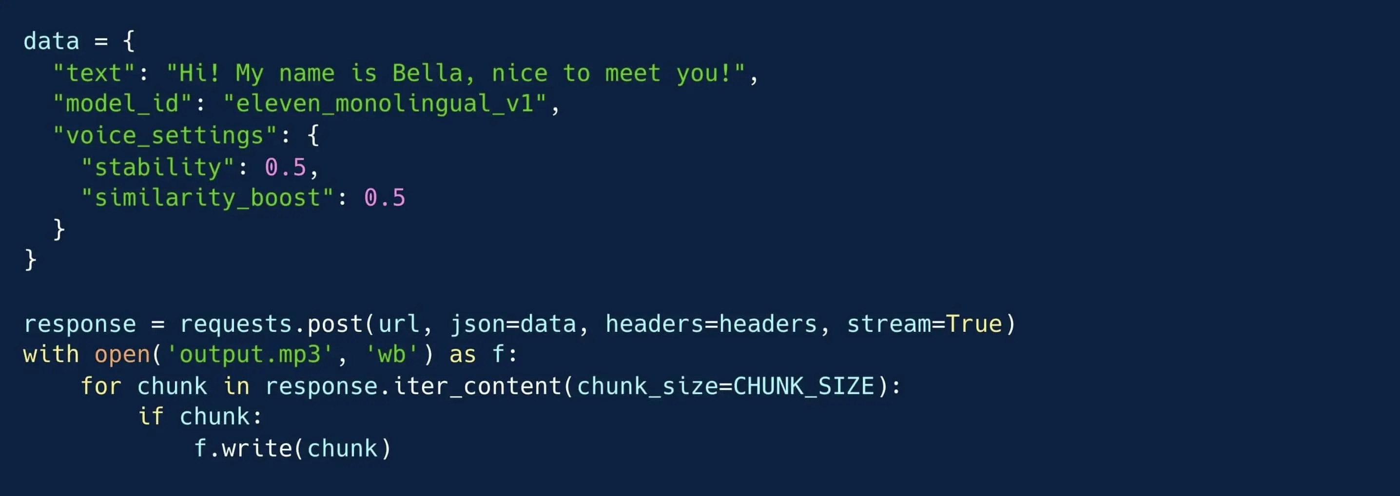 Code snippet for a text-to-speech model configuration and audio output.