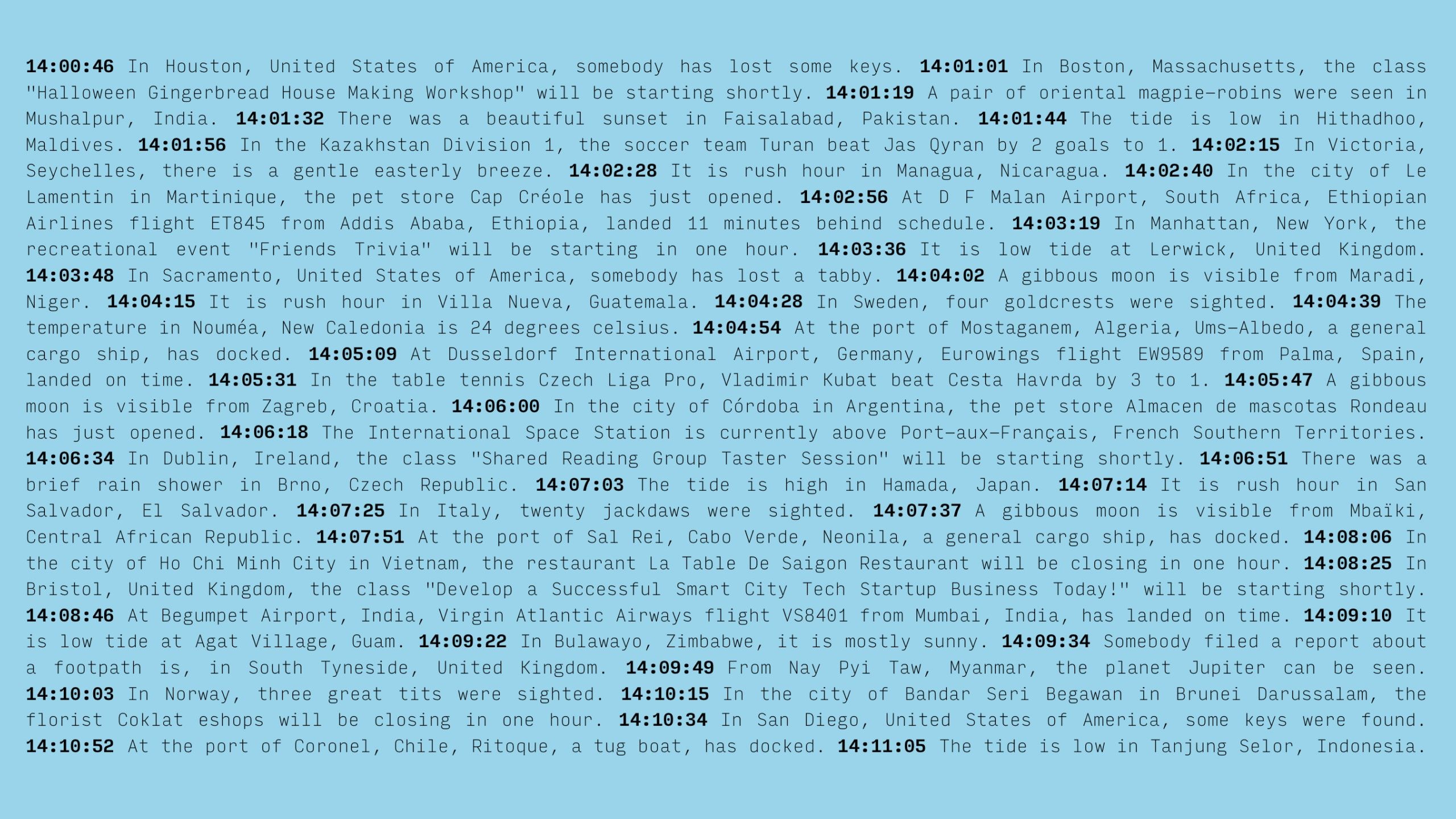 Text overlay of various timestamps and news updates on a blue background.