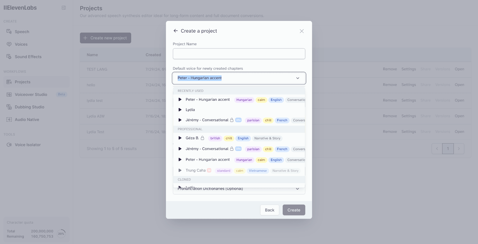 Create a project dialog box with options for voice selection and recent, professional, and cloned voice presets.