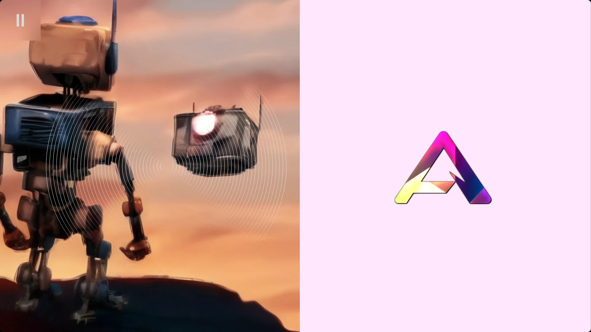 A robot standing on a surface with a sunset sky in the background, facing a colorful, stylized letter "A" on a light purple background.