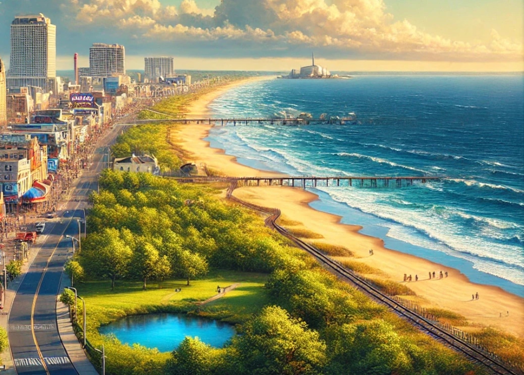 A coastal cityscape with a beach, a park with trees and a pond, a railway track, and a skyline with tall buildings at sunset.