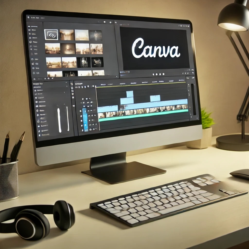 A computer monitor displaying video editing software with the Canva logo on the screen, placed on a desk with a keyboard, mouse, headphones, and a desk lamp.