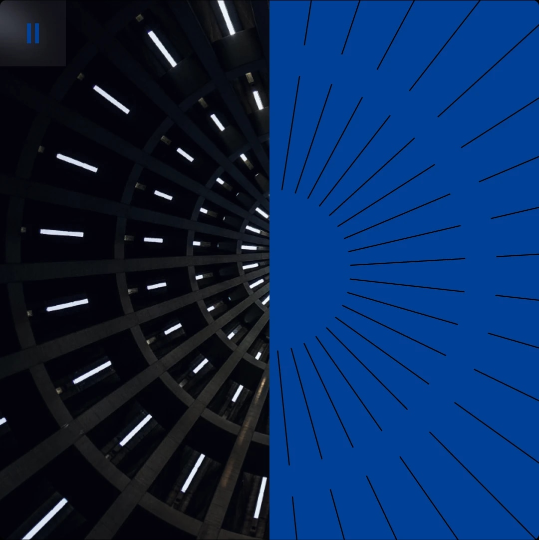 A split image showing a dark, circular, multi-level parking garage on the left and a blue background with radiating black lines on the right.