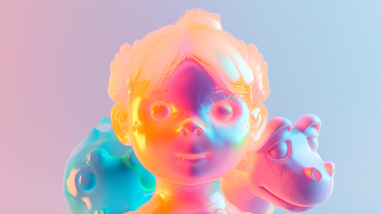A colorful, glowing 3D-rendered figure of a girl with a dinosaur behind her, set against a pastel background.