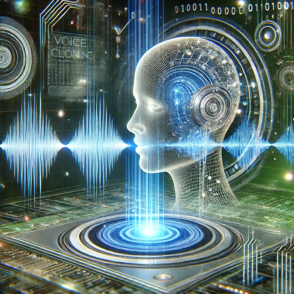 A digital representation of a human head with technological and audio wave elements, symbolizing artificial intelligence and voice processing.