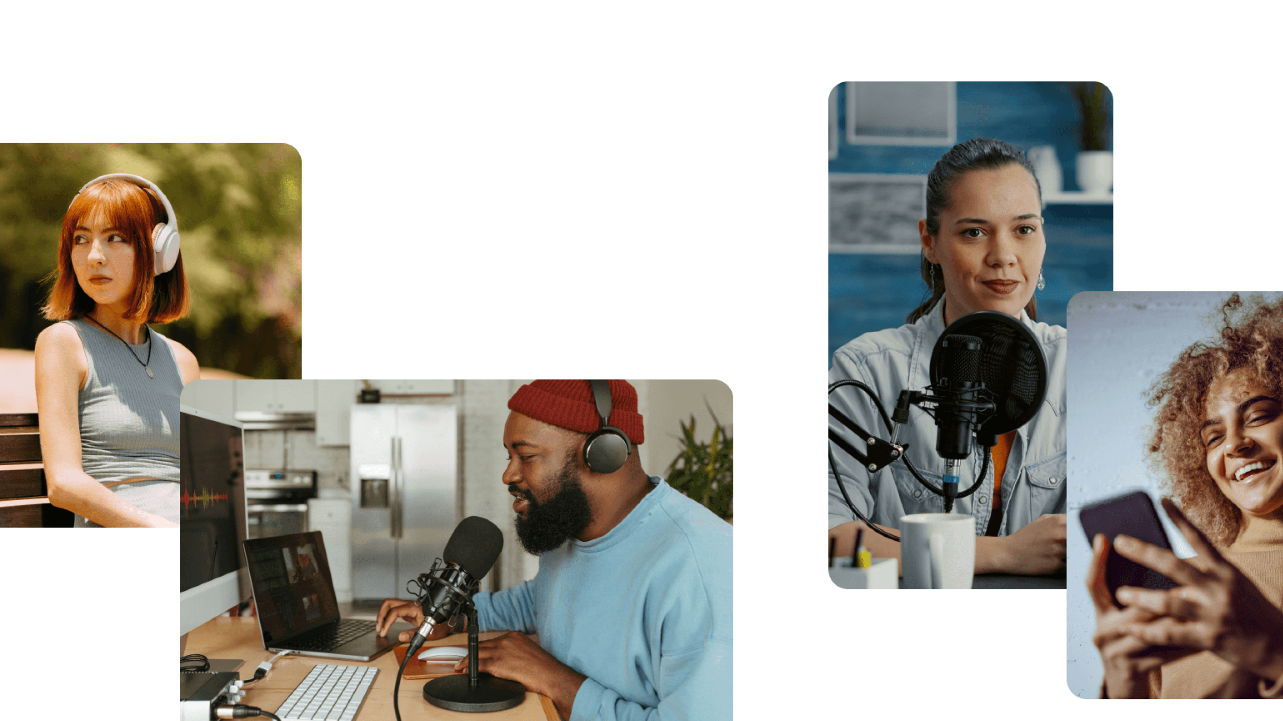 Group of diverse people recording and listening to audio content.