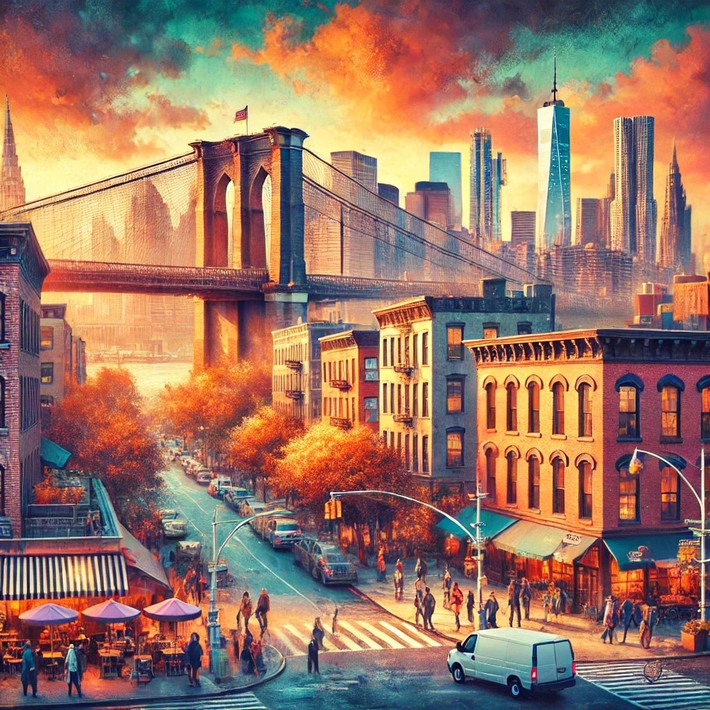 A vibrant cityscape featuring the Brooklyn Bridge with a skyline of modern skyscrapers in the background during sunset.