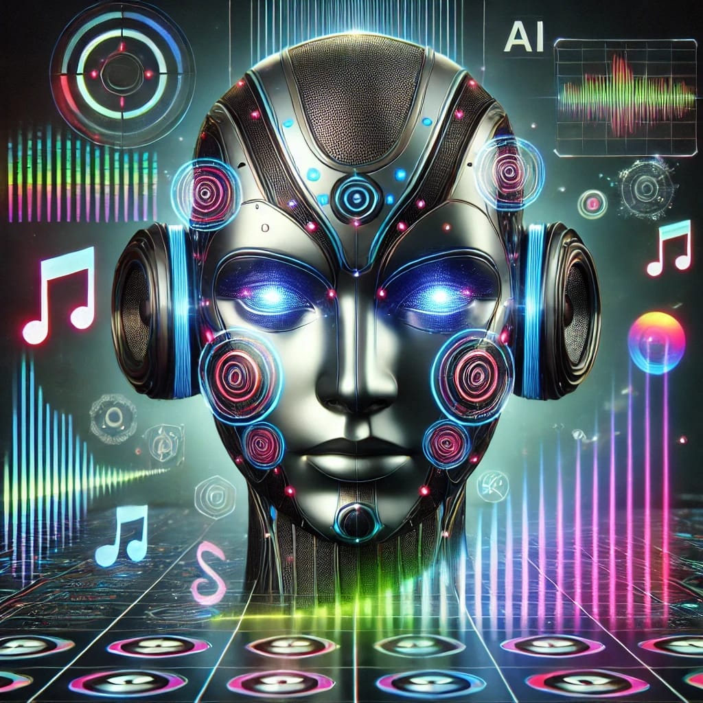 A futuristic AI-themed digital artwork featuring a robotic face with headphones, surrounded by colorful sound waves, musical notes, and holographic data visualizations.