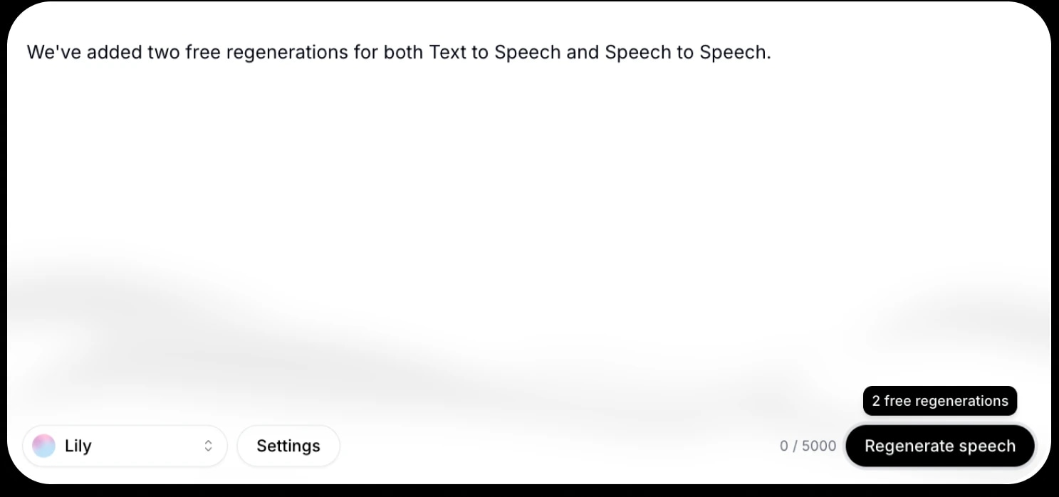 Screenshot of a speech generation app with a message about added free regenerations, a "Regenerate speech" button, and a user interface at the bottom showing a name "Lily" and a settings option.