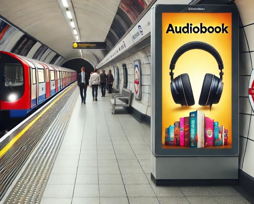 An underground subway station with a train on the left, a digital advertisement for audiobooks with headphones and books on the right, and a few people walking on the platform.