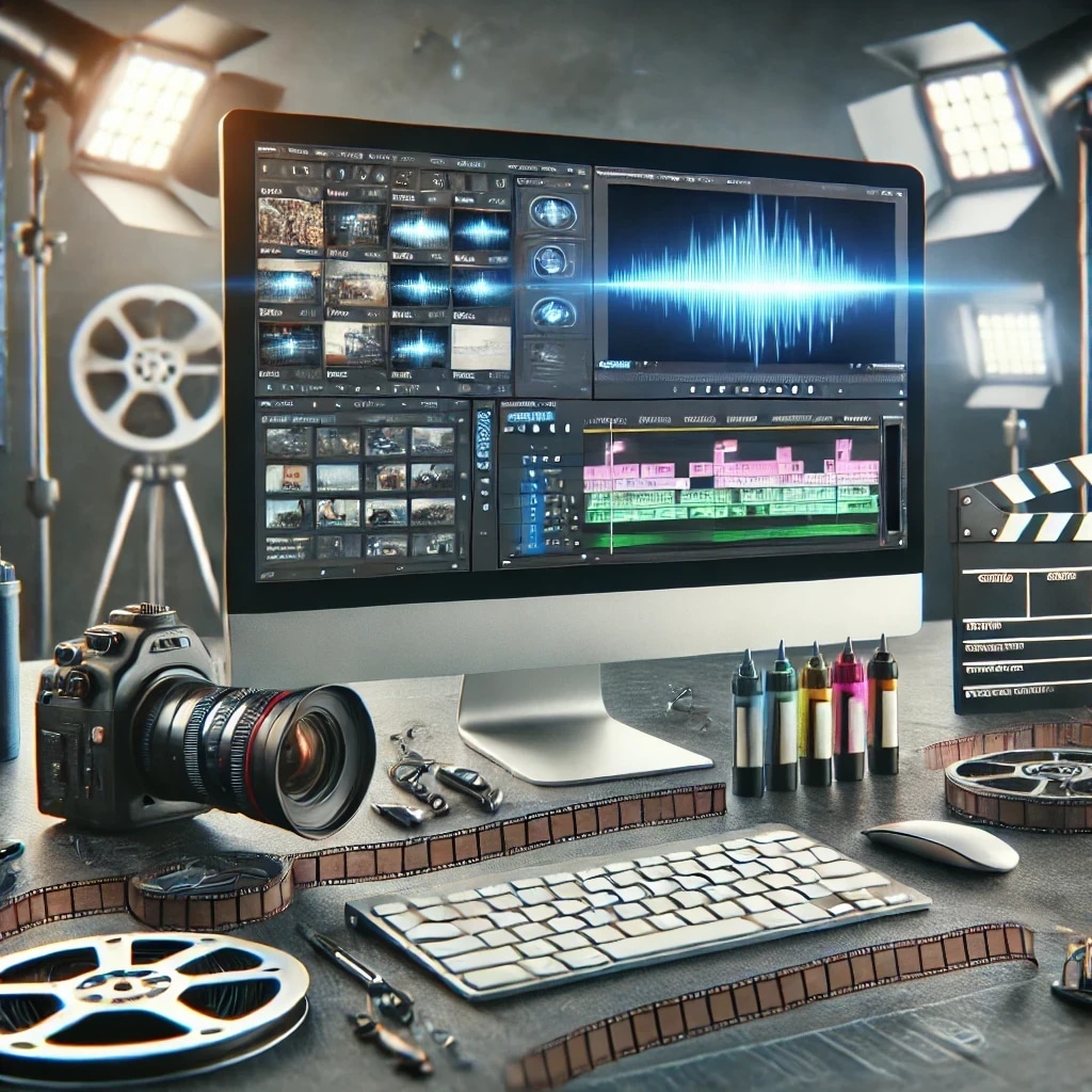A computer monitor displaying video editing software, surrounded by film reels, camera, color markers, and editing equipment in a studio setting.