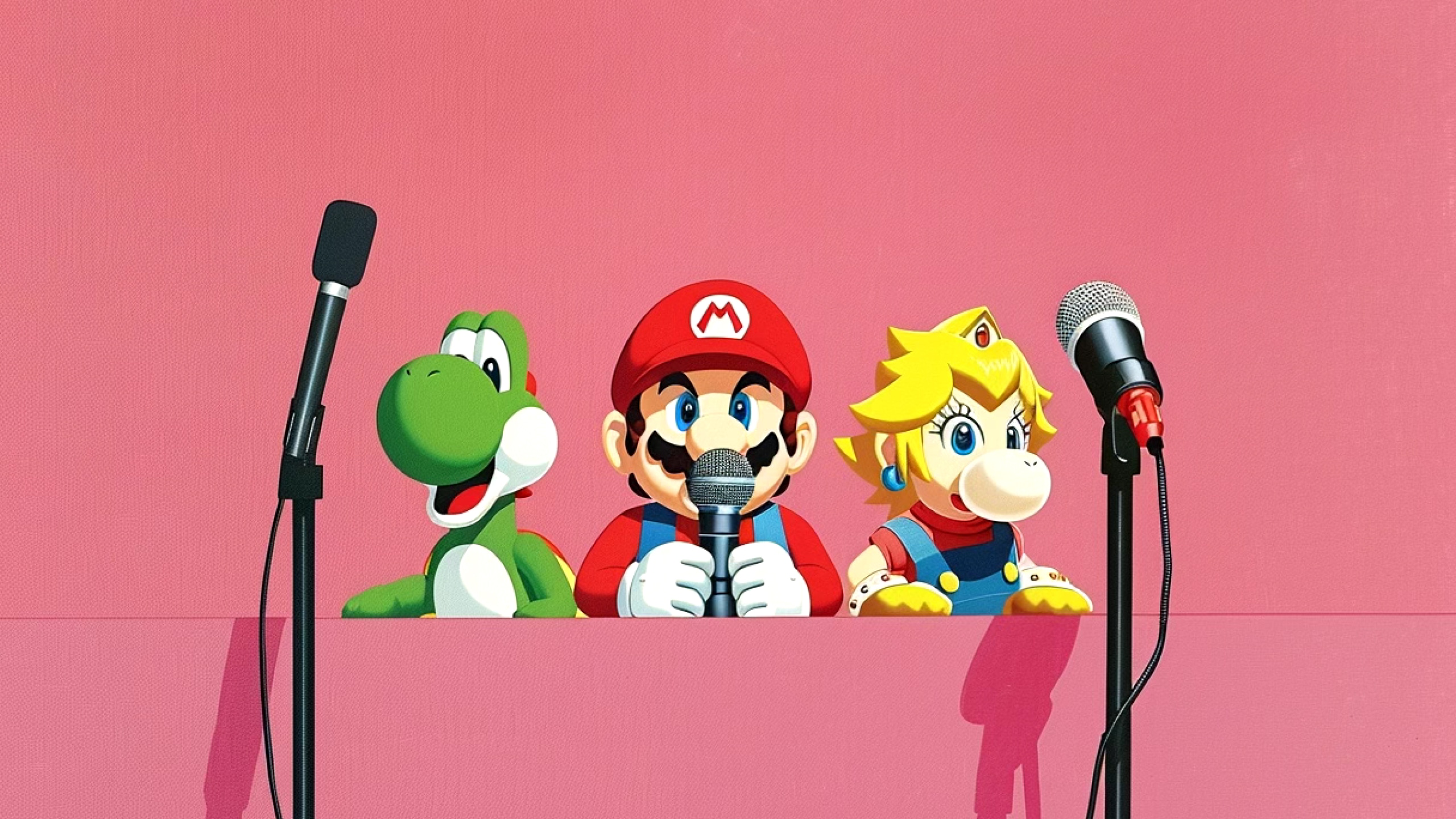 Mario, Luigi, and Princess Peach plush toys sitting behind microphones on a pink background.