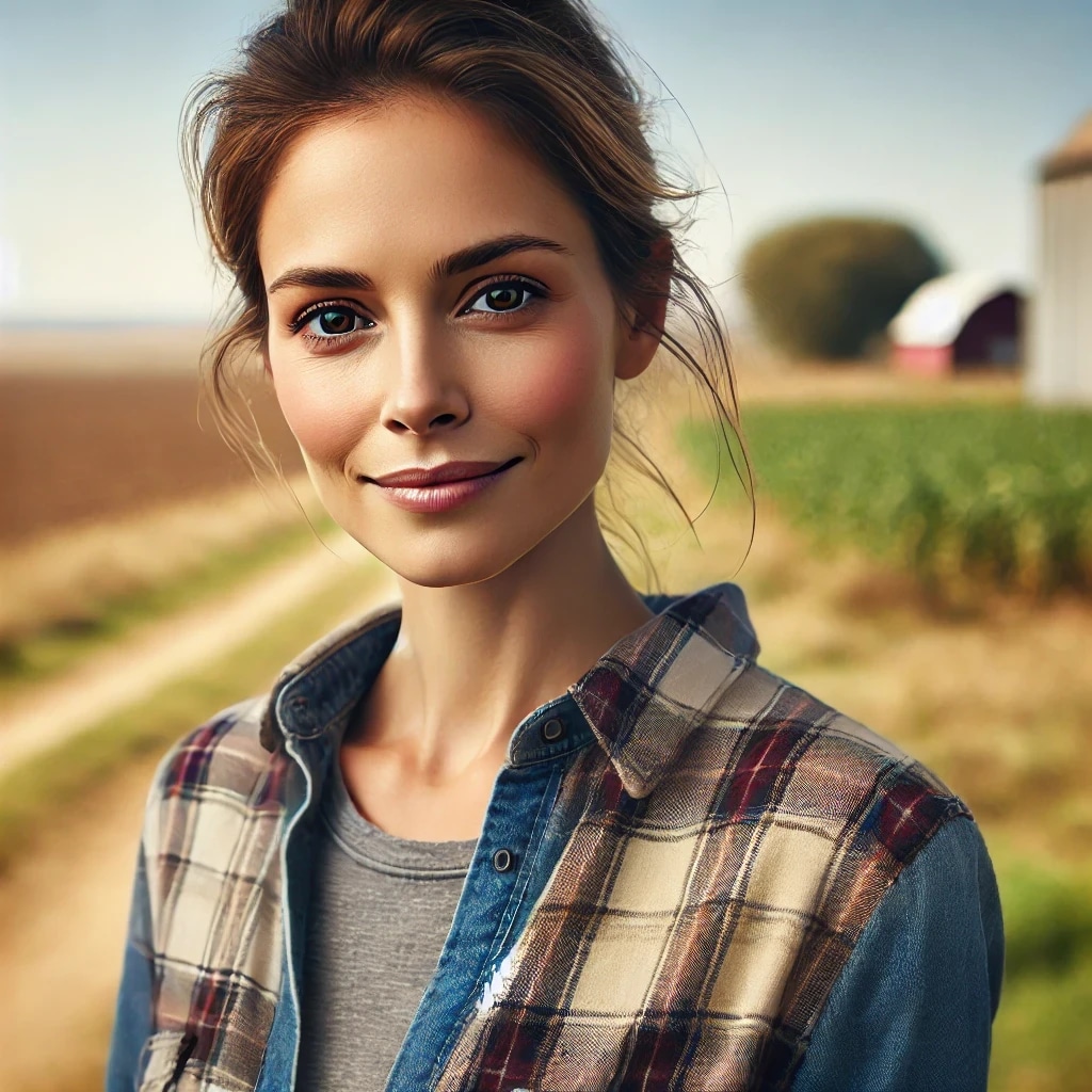 A young woman with brown hair and blue eyes smiling outdoors in a rural setting.