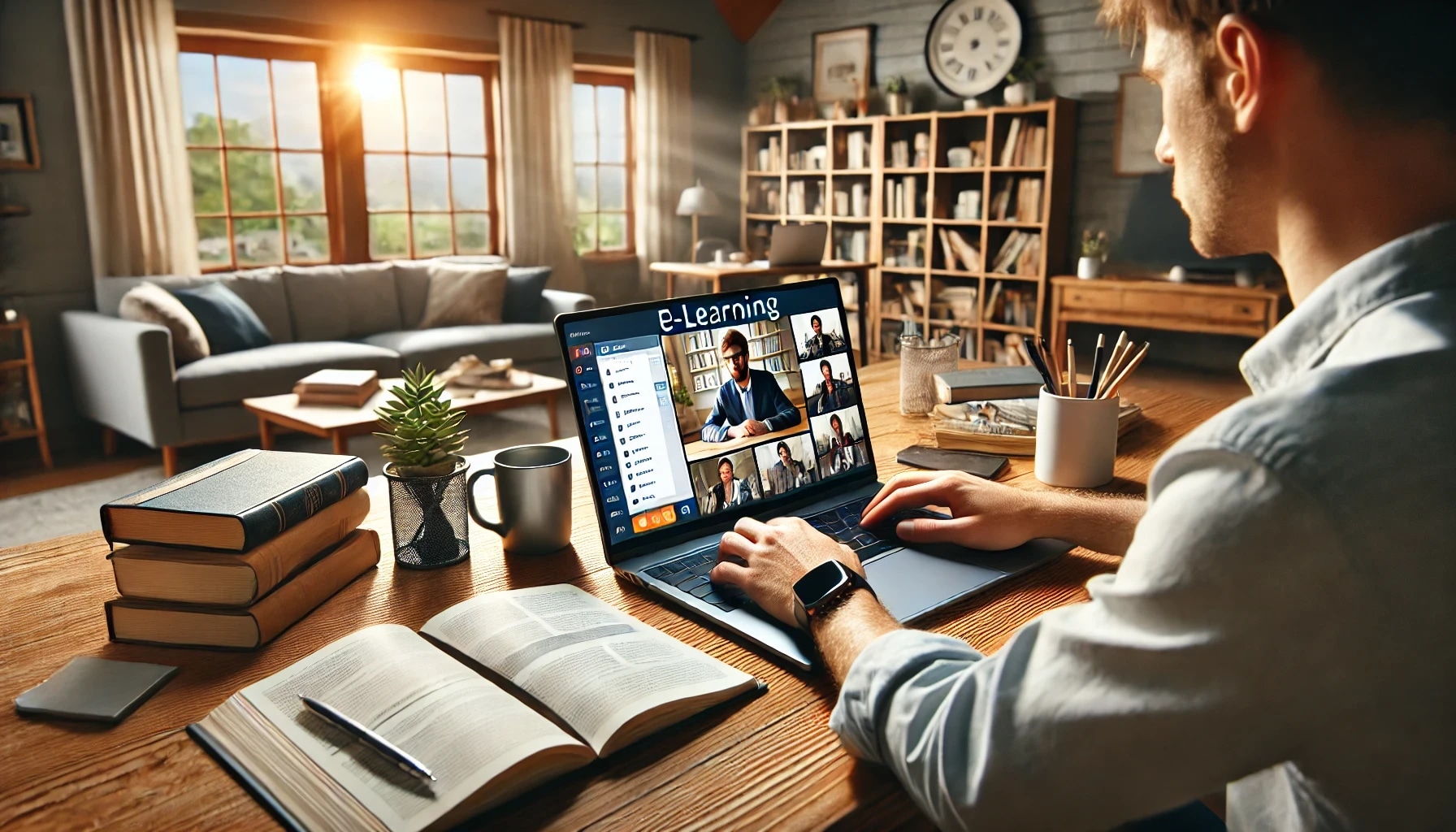 A person participating in an online e-learning class on a laptop in a cozy, well-lit living room.