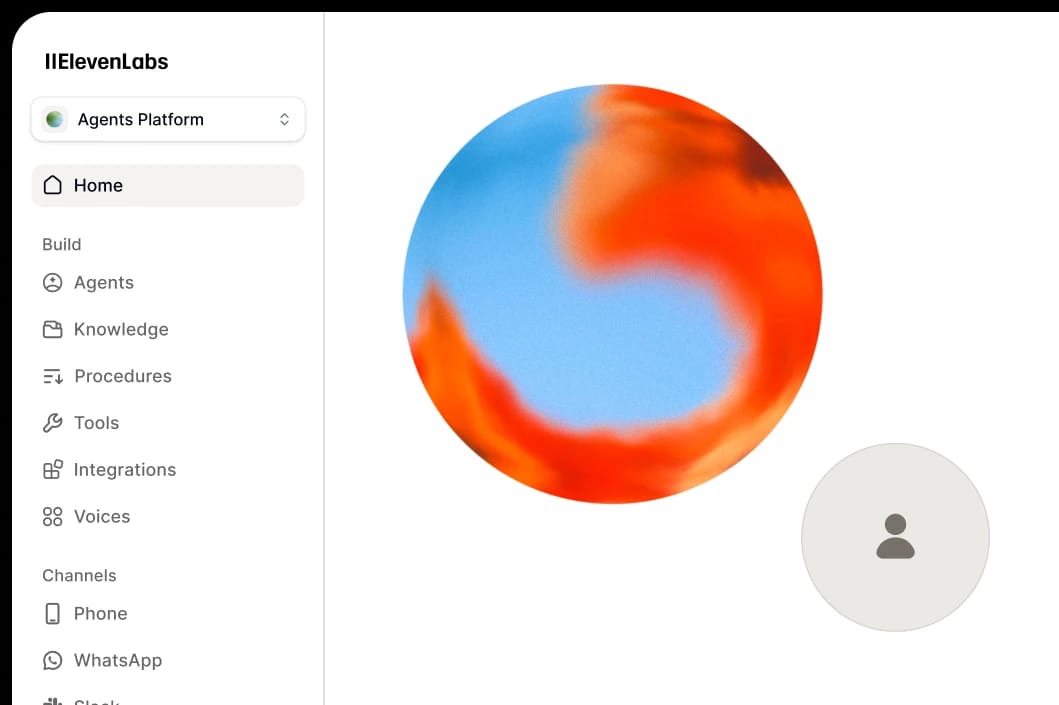ElevenLabs user interface showing a colorful circular design and a navigation pane.