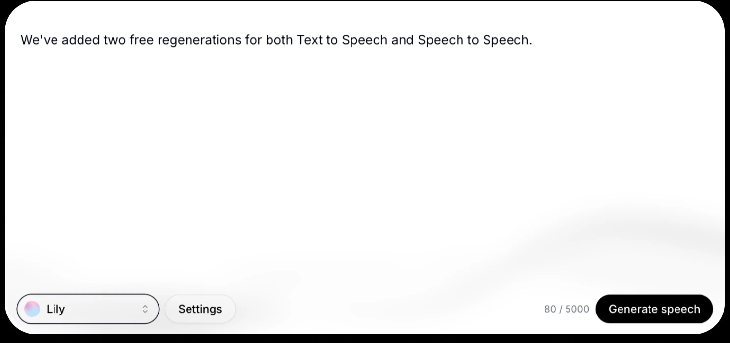 Text on screen indicating that two free regenerations have been added for Text to Speech and Speech to Speech.