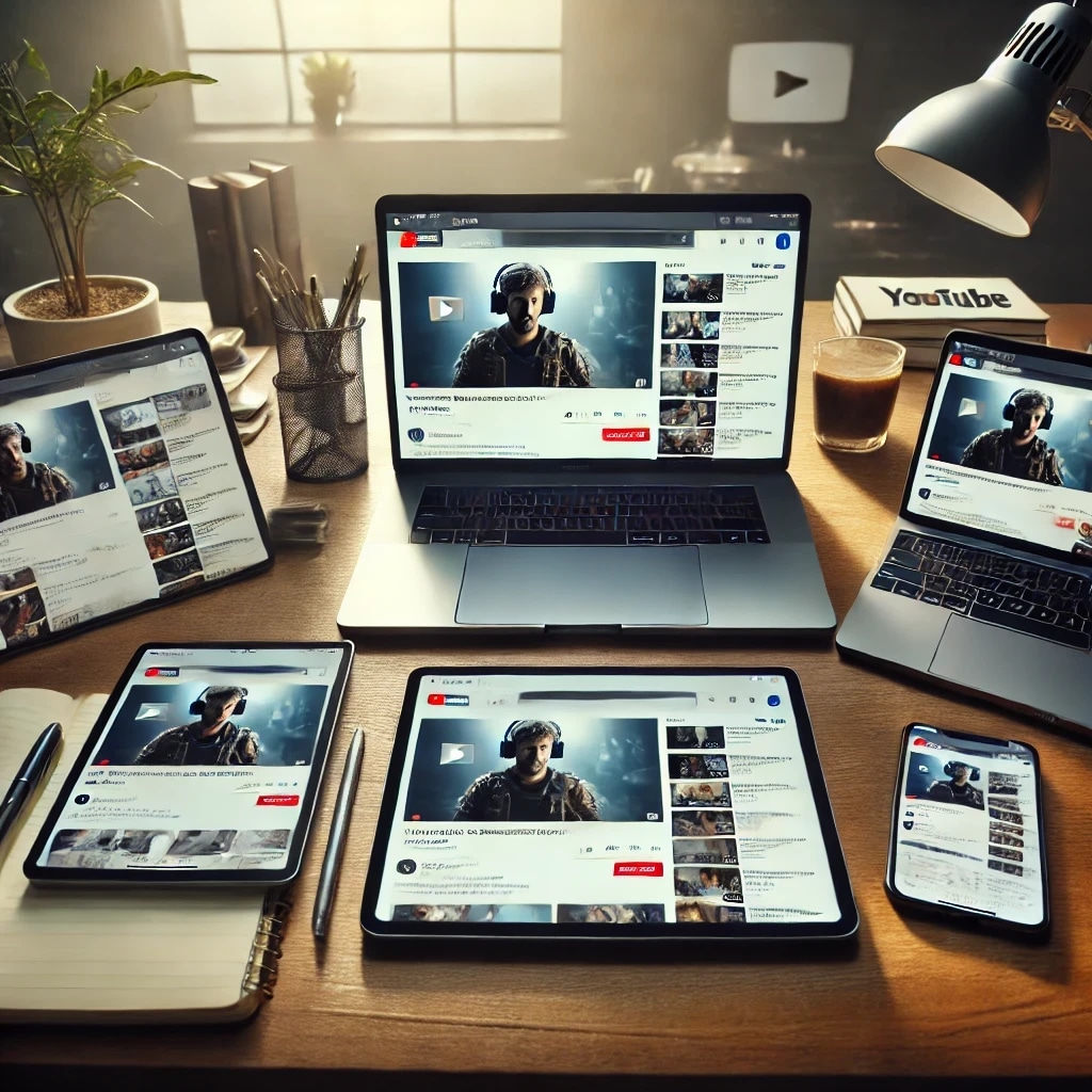 Multiple electronic devices displaying the same YouTube video of a man wearing headphones, arranged on a wooden desk with a notebook, pens, a plant, a cup of coffee, and a YouTube book.
