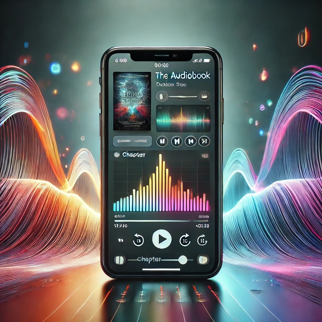 A smartphone displaying an audiobook app with colorful sound wave visuals, set against a vibrant, abstract digital background.