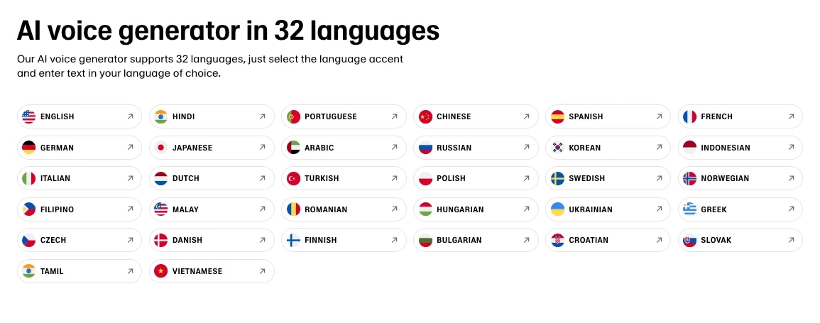 AI voice generator supporting 32 languages with selectable accents.