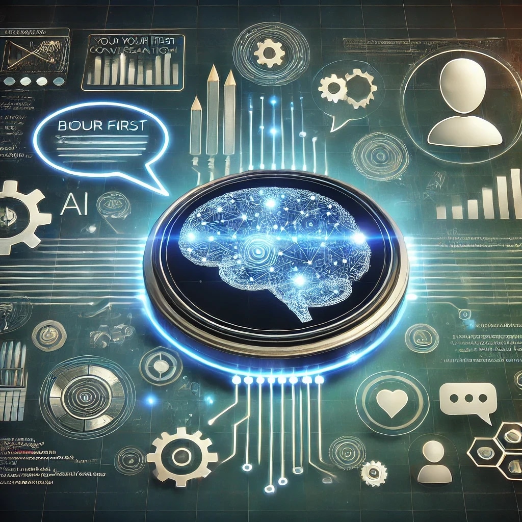 Digital illustration of a brain with interconnected nodes, surrounded by icons representing AI, gears, charts, and communication.