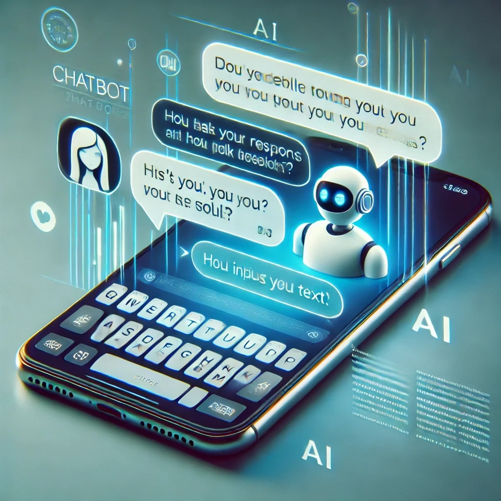A smartphone displaying a chatbot conversation with a virtual robot, surrounded by digital AI-related graphics and text.