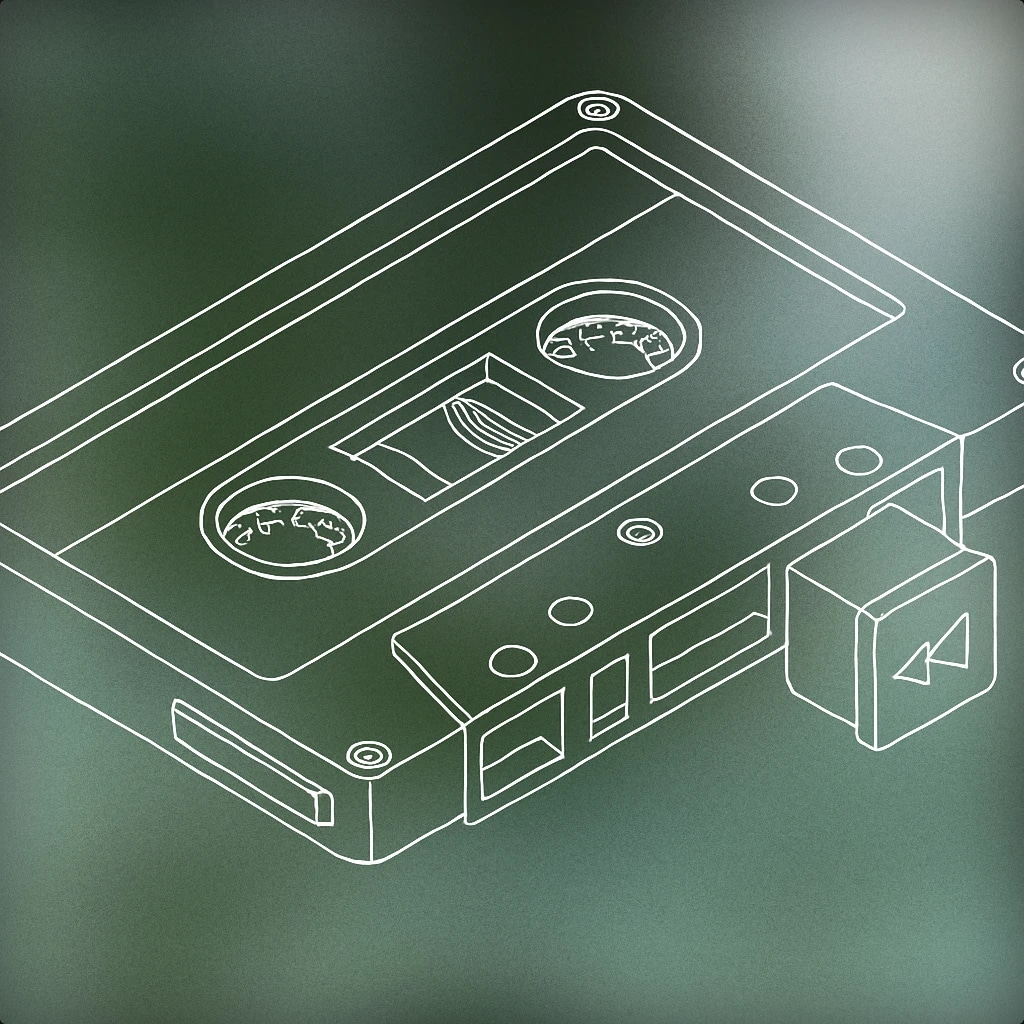 Cover of cassette tape with a visible rewind button for Rewind sound effects