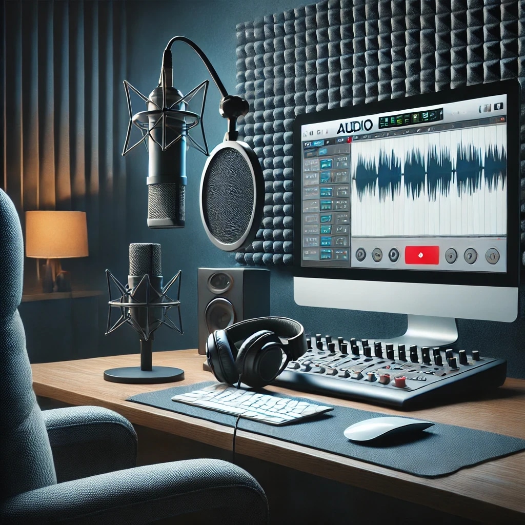 A music recording studio with a microphone, headphones, computer monitor displaying audio editing software, and soundproofing foam panels.
