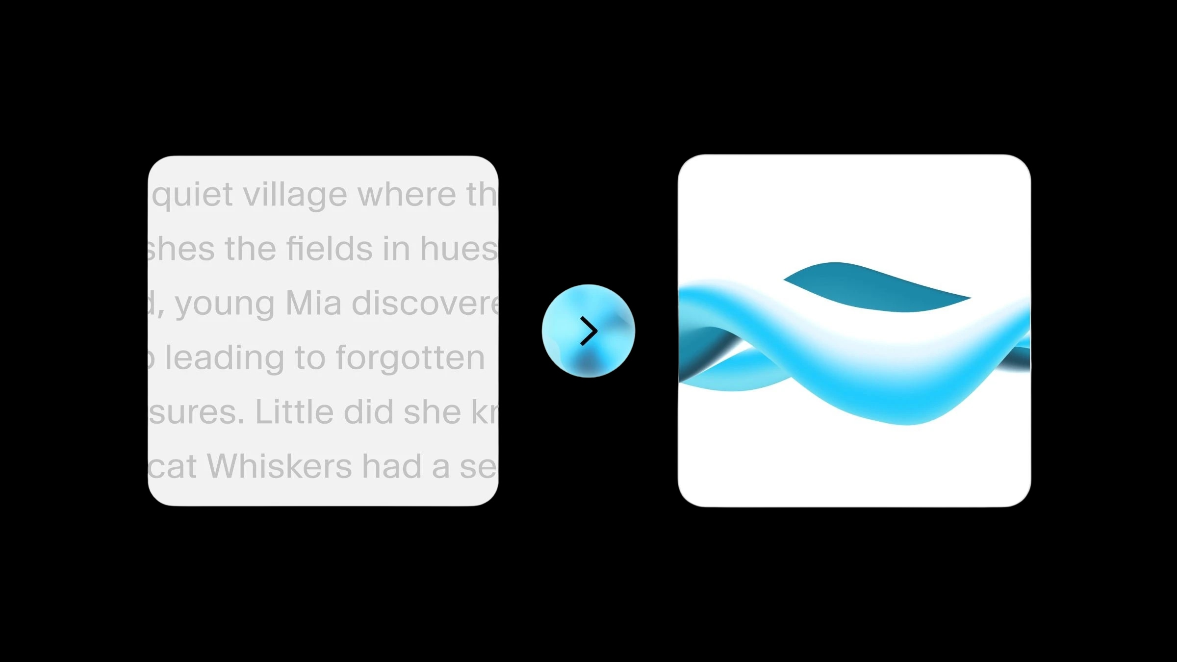 A blue sphere with a black arrow pointing to the right, next to a white card with a blue and black abstract wave design.