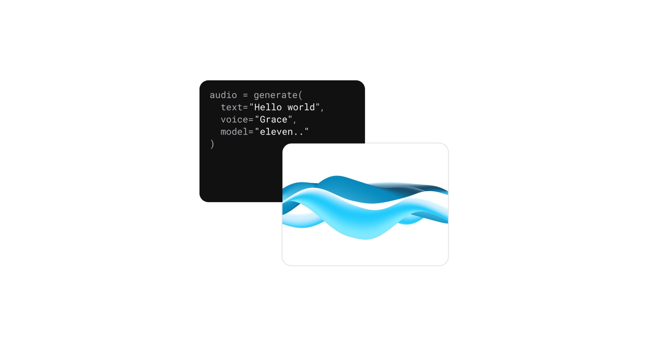 A digital illustration showing a code snippet in a black box and a stylized blue wave graphic in a white box overlapping each other.