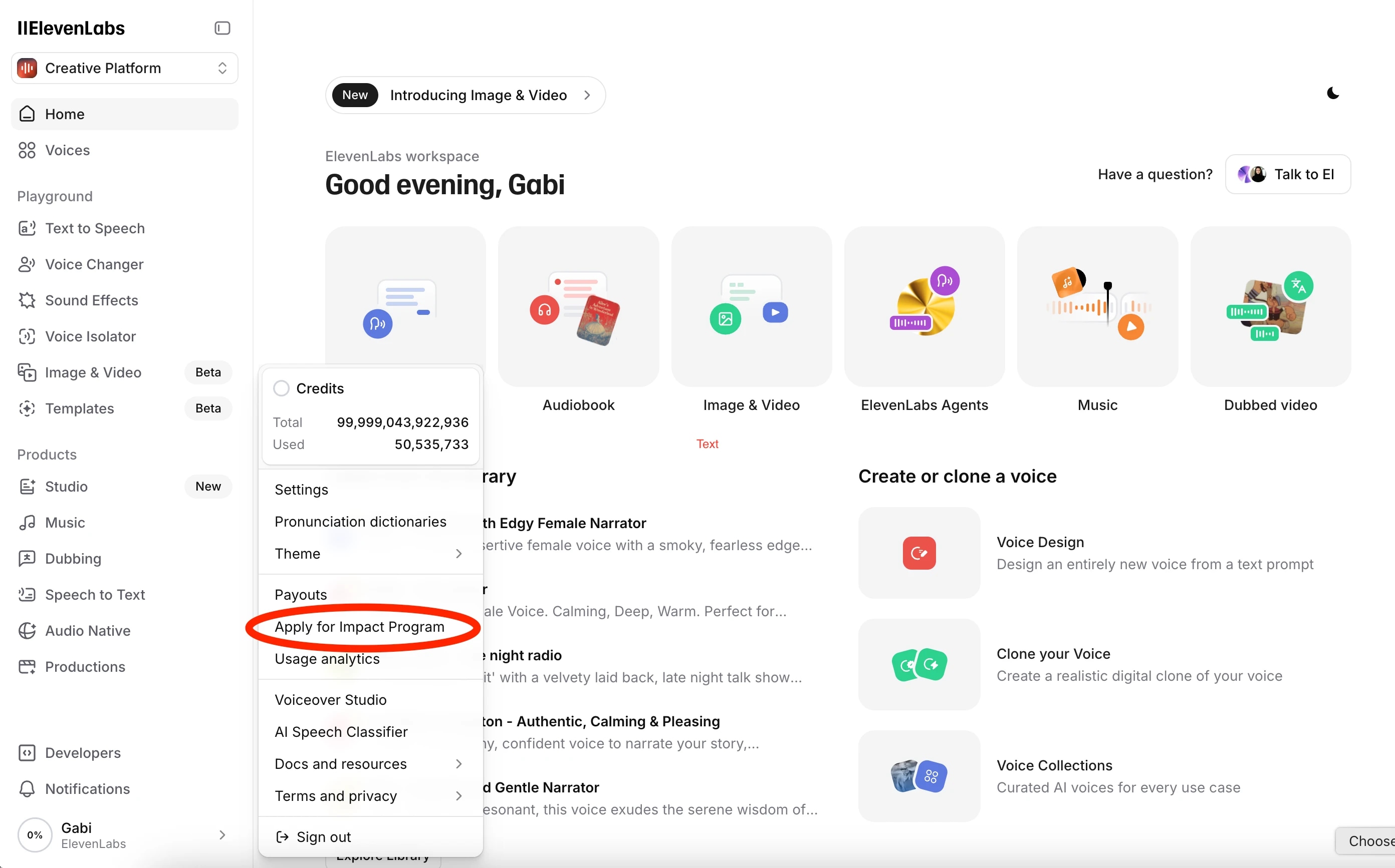 ElevenLabs home screen with "Apply for Impact Program" circled