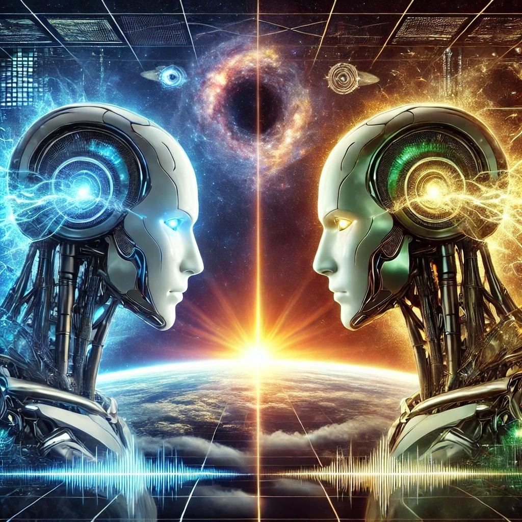 Two futuristic humanoid robots facing each other with a cosmic background and a glowing horizon.