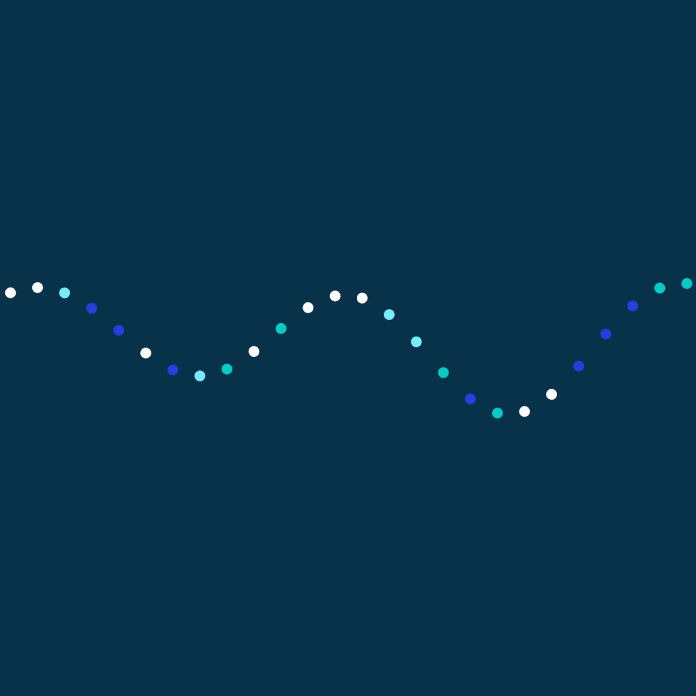 A dark blue background with a wavy line of small, multicolored dots in shades of blue and white.