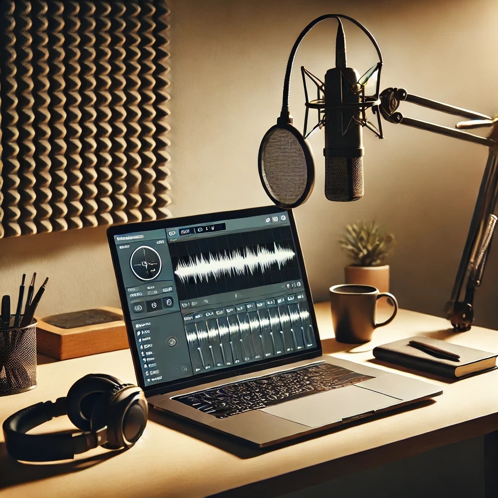A music production workspace with a laptop displaying audio editing software, a microphone with a pop filter, headphones, a coffee mug, and a small potted plant.