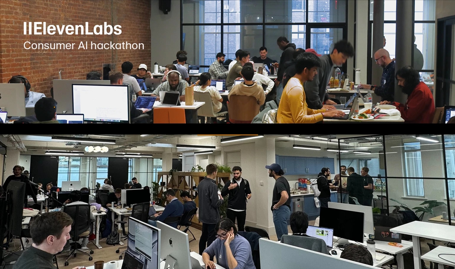 People working and collaborating in a modern office space during a hackathon event.