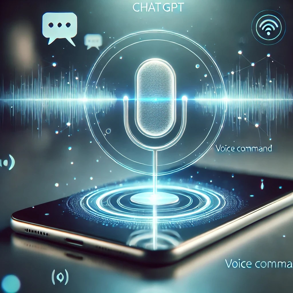 A smartphone displaying a holographic microphone with voice command icons and digital sound waves.