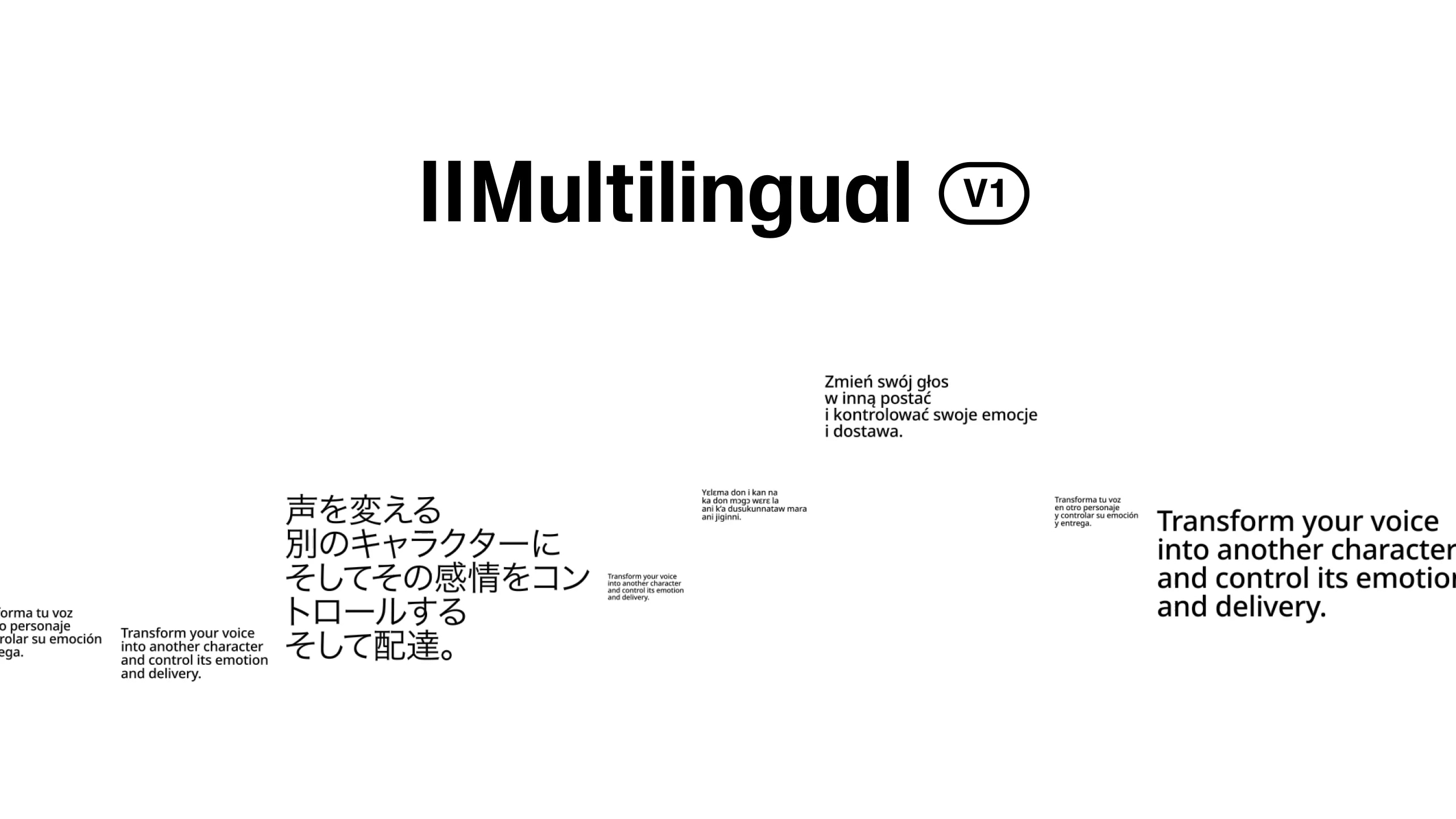 Multilingual II V1 text with instructions in multiple languages about transforming voice into another character and controlling emotions.
