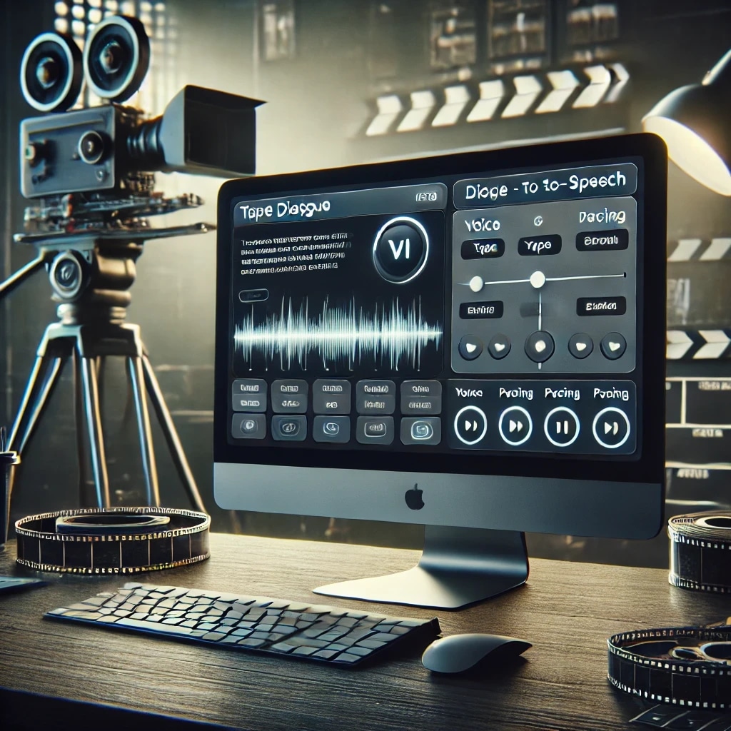 An iMac computer displaying a digital audio workstation interface with audio controls and waveforms, surrounded by film reels and a vintage film camera on a desk.