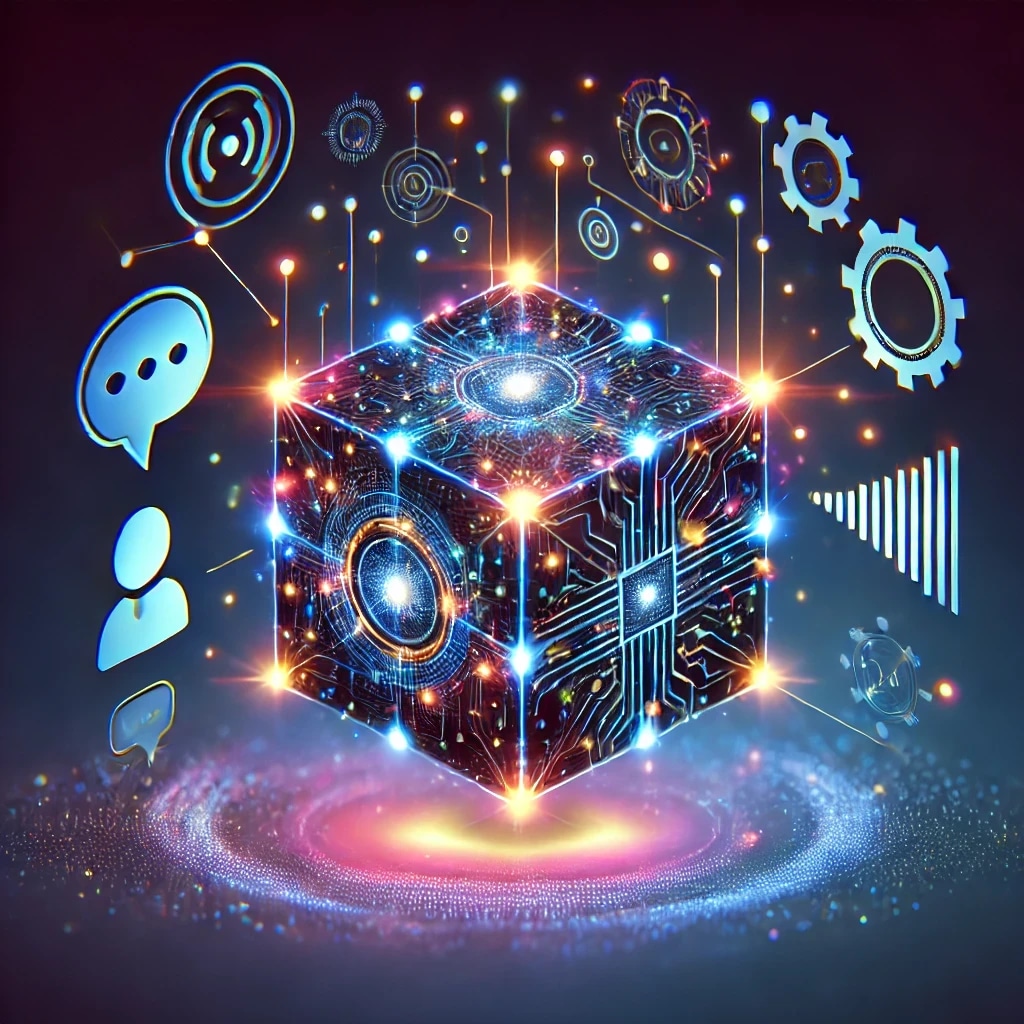 A digital illustration of a glowing, futuristic cube with interconnected circuits and various icons representing communication, settings, and data analysis floating around it.