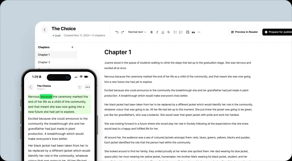 Alt text: A tablet and smartphone displaying a document titled "The Choice," with the smartphone showing highlighted text in green.