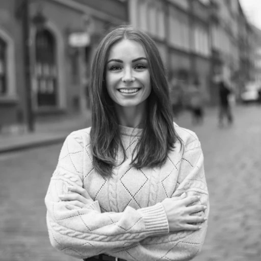 A young woman smiling with arms crossed on a city street.
