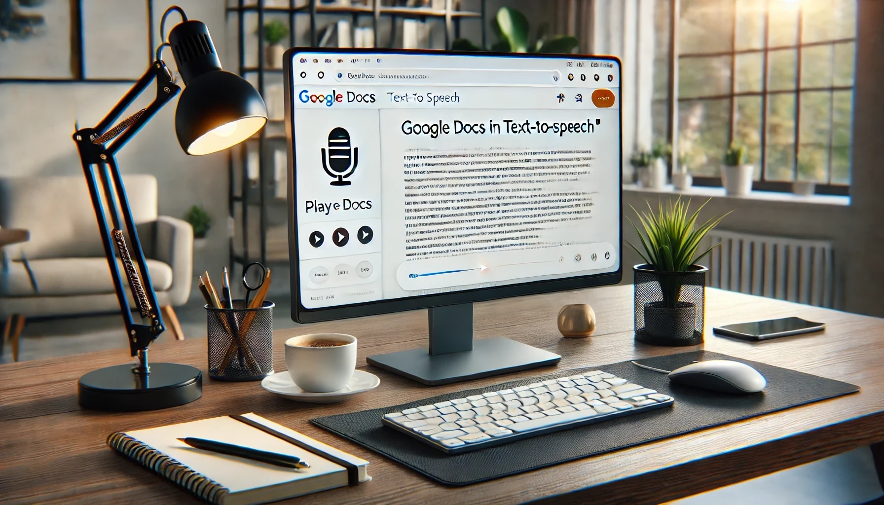 A computer monitor displaying a Google Docs page about text-to-speech, on a wooden desk with a keyboard, mouse, notebook, pen, coffee cup, potted plant, and desk lamp in a bright, modern office space.